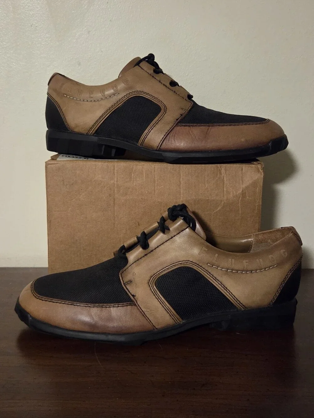 John Fluevog Radio Series Leather & Mesh Oxfords Brown/Black Mens Sz 9 Pre Owned